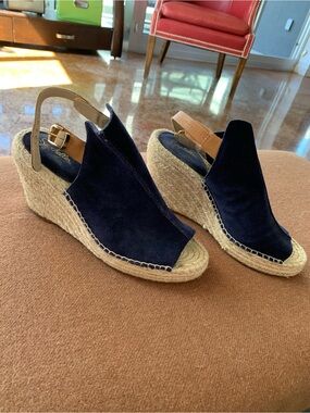 Seychelles Navy Suede Espadrille Wedge Slingbacks EUC 8.5